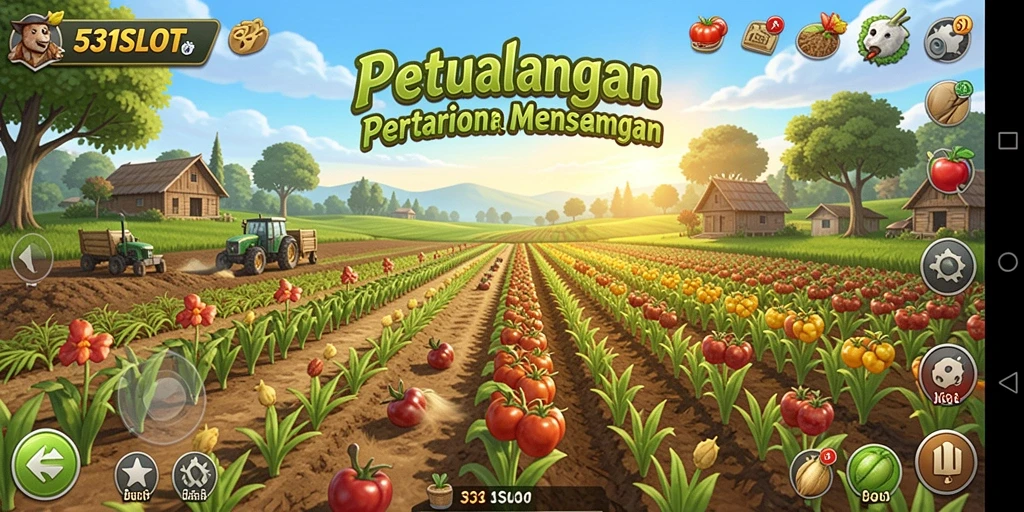 Tampilan gameplay <strong>531SLOT</strong> dengan ladang yang subur dan hewan ternak.