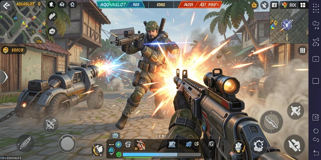 Screenshot menampilkan aksi mendebarkan dari gameplay FPS AQUASLOT.