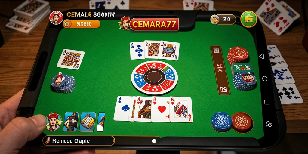Screenshot gameplay CEMARA77 menunjukkan suasana seru permainan gaple.