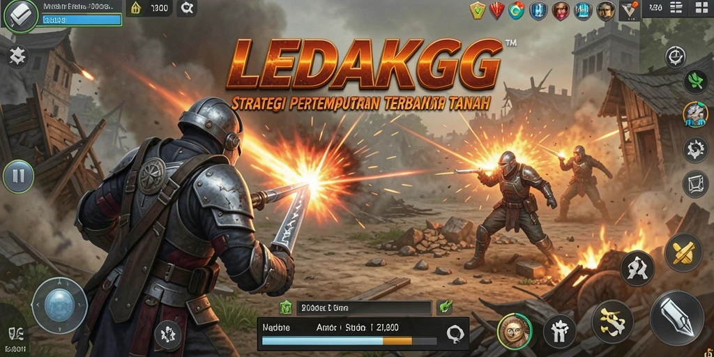 Tangkapan layar utama LEDAKGG menampilkan aksi pertempuran strategis yang intens.