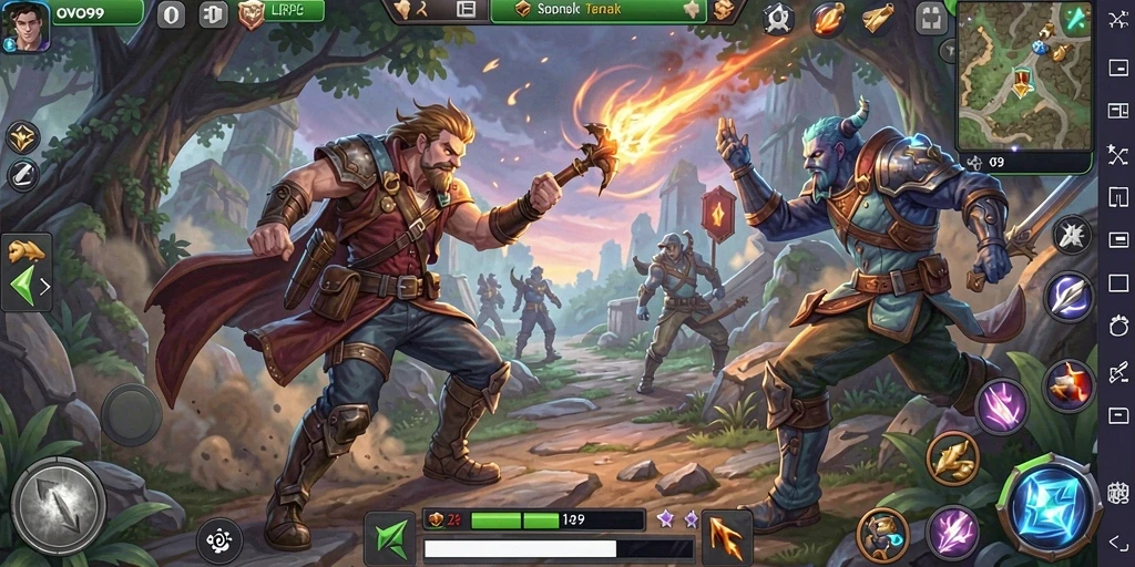Tampilan gameplay <strong>OVO99</strong> yang menampilkan pertarungan epik dan eksplorasi dunia.