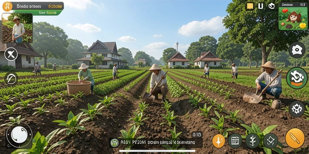 Screenshot menunjukkan gameplay P200M dengan aktivitas bertani yang seru.