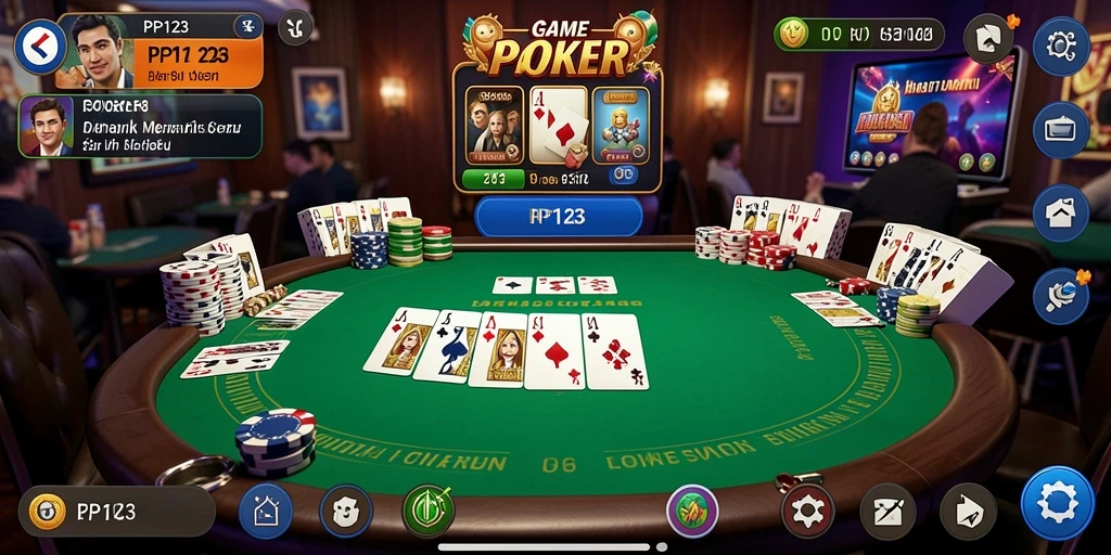 Tangkapan layar gameplay PP123 dengan pemain yang bersaing di meja poker.
